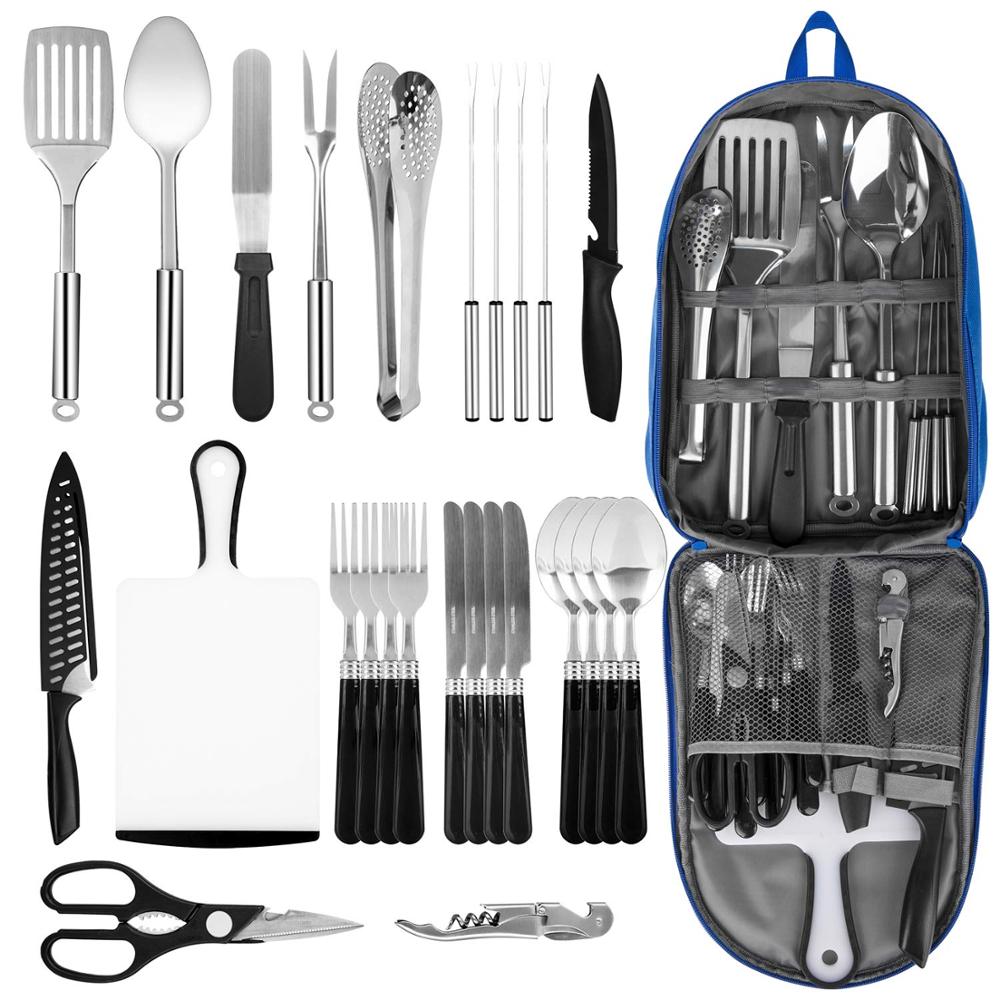 27 Pieces Portable Camping Kitchen Cookware Utensil Set for Travel, Picnics, RVs, Camping, BBQs, Parties