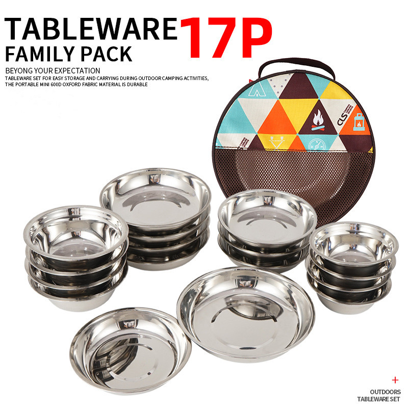 17pcs Stainless Steel Camping Dinner Plate Set KASSICO Outdoor