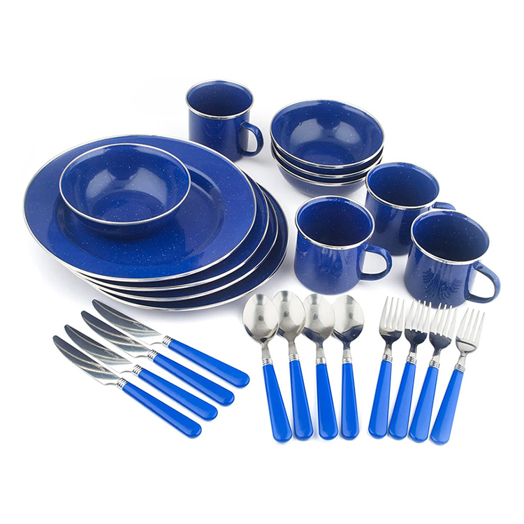 24 Pieces Camping Enamel Tableware Set: Plates, Bowls, Mugs & Utensils