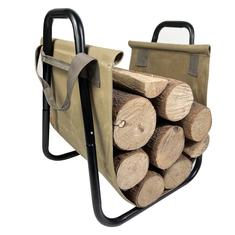 Outdoor Firewood Log Carrier Tote Bag with Steel Rack