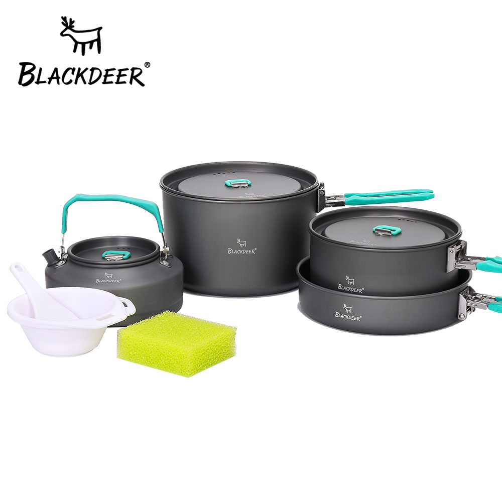 BLACKDEER Outdoor Camping Tableware Set Backpacking Picnic 2 Pot 1 Frypan 1 Kettle Alumina Durable Cookware Folding Cooking Set