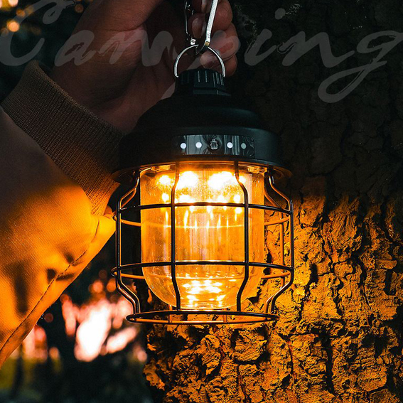 Mini lampe de Camping Vintage Portable et Rechargeable, avec mousqueton, lanterne LED rétro pour tente extérieure