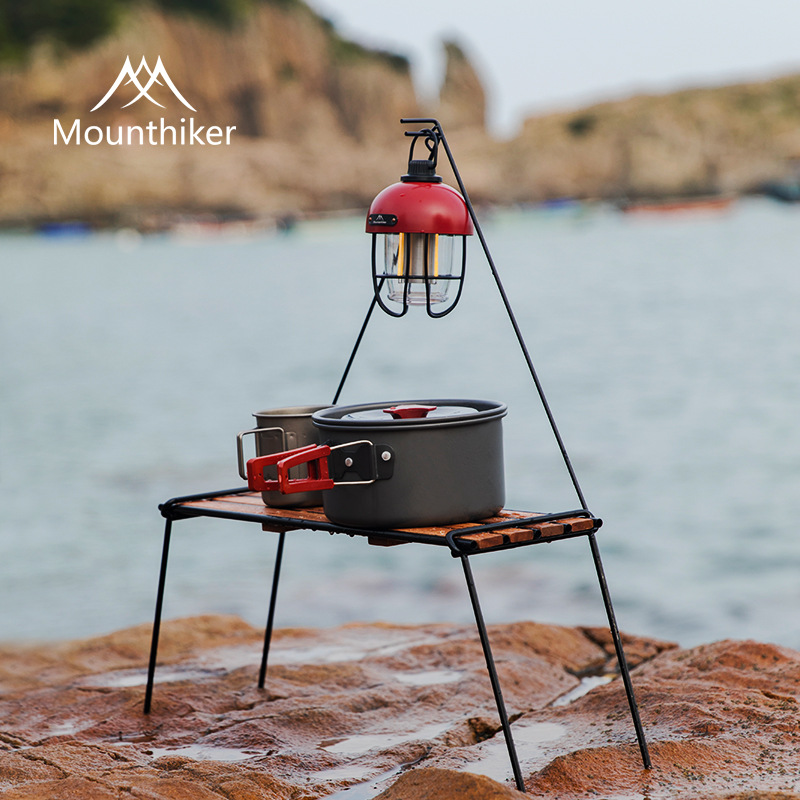 Mounthiker Camping Rack With Lamp Holder Outdoor Portable Wood Picnic Shelf 304 Stainless Steel Rack Retractable Camp Set