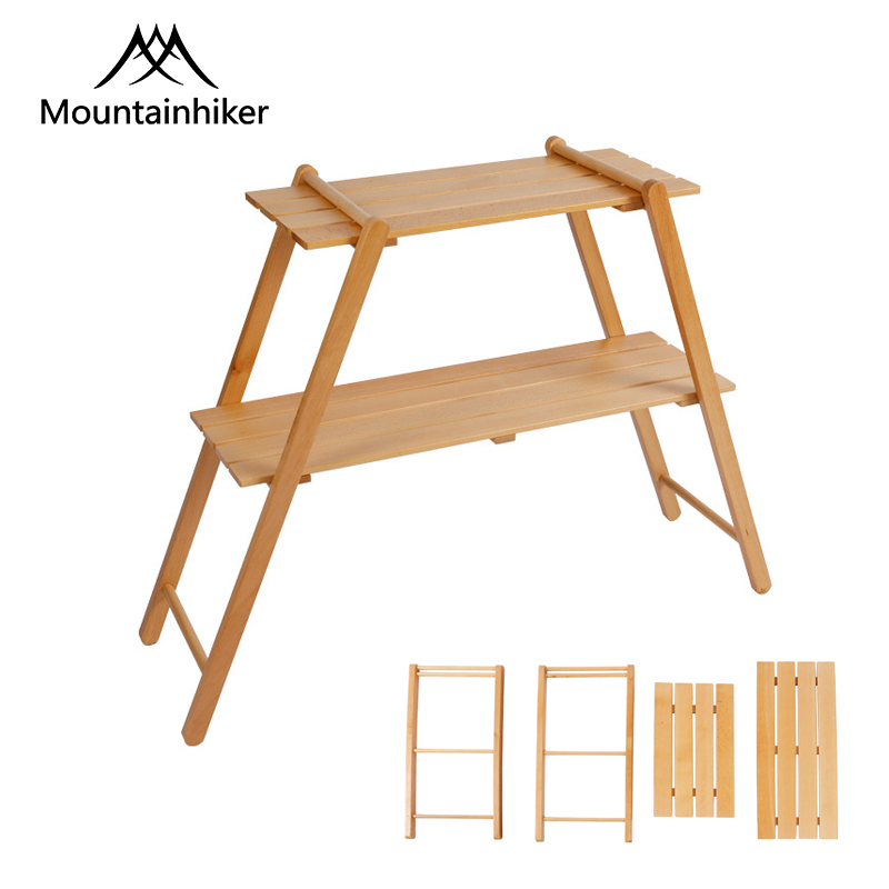Mounthiker Portable Double-Layer Solid Wood Shelf Outdoor Multi-Layer Beech Storage Rack Camping Picnic Tableware Shelves