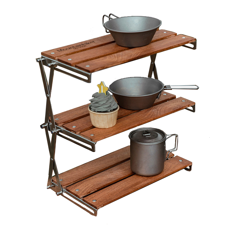 Mounthiker Foldable Three-tier Storage Rack Mini 33cm Wooden Camping Shelf Picnic BBQ Food Stand Household Tableware Storage
