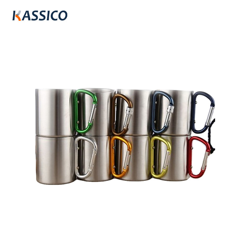 200/300ml Double Walled Camping Water Cups Coffee Mugs with Carabiner Handle