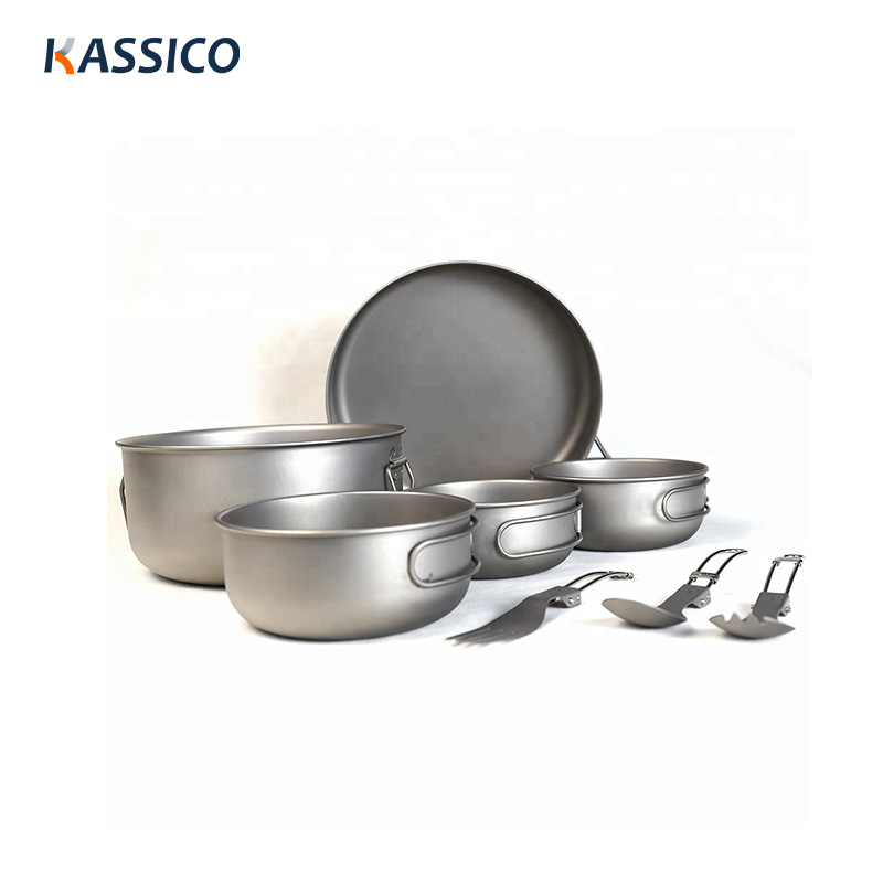 Camping Titanium Cookware Set With Cooking Pots, Pans & Bowls