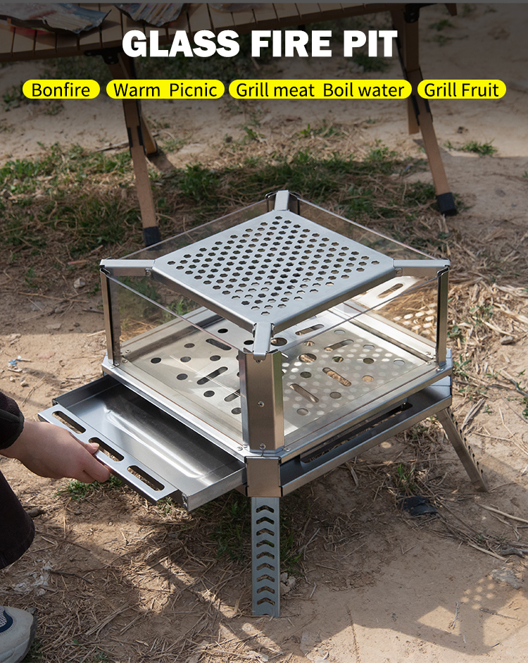Portable square fire pit stainless steel for camping RV truck cooking and heating