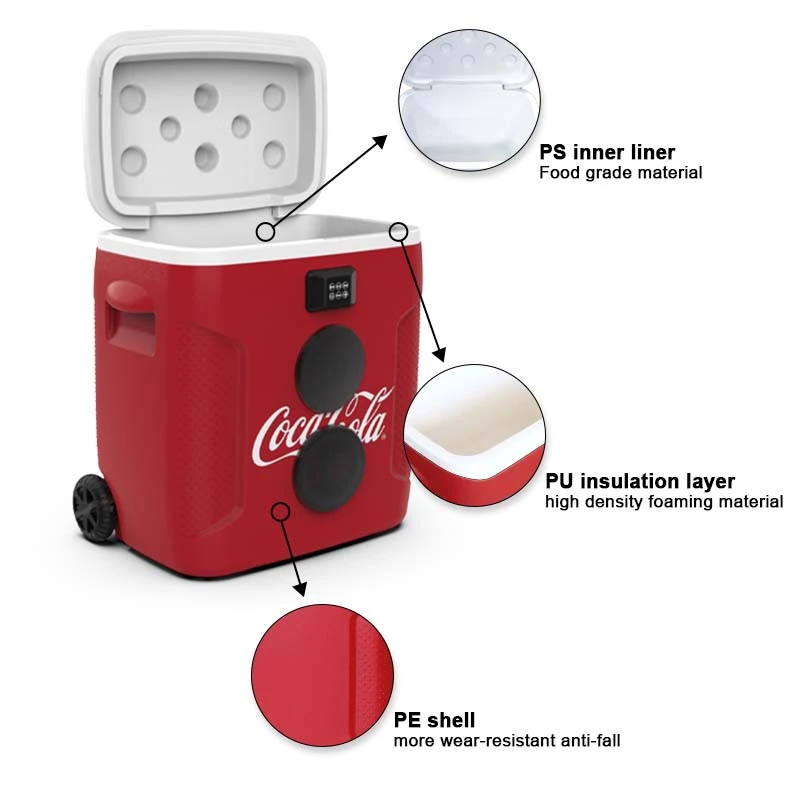 Music Audio Player Plastic Professional Mini Portable Water Trolley Cooler Box with Wheels and Speaker Accessories